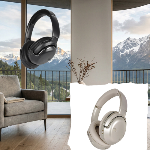 JBL Tour One M2 wireless noise-canceling headphones with over-ear design and cushioned ear cups, black color.