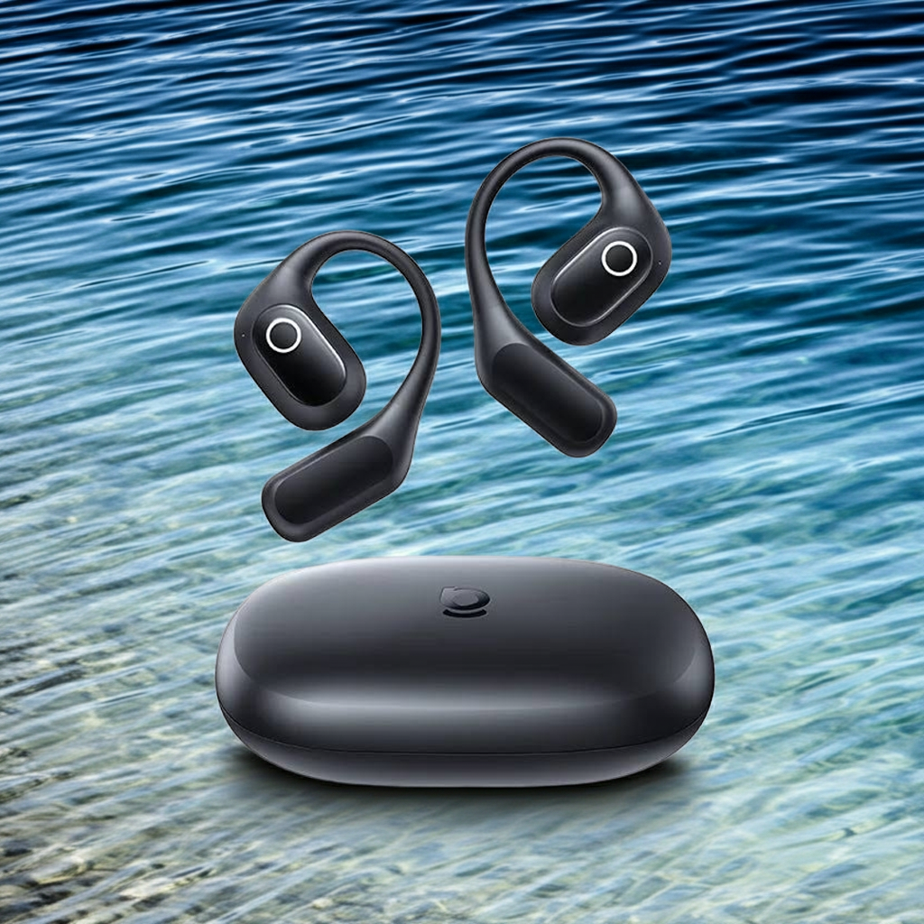 Baseus EP10 Pro ANC wireless earbuds in black with open-ear design for sports, featuring Hi-Res LDAC audio and noise cancellation.