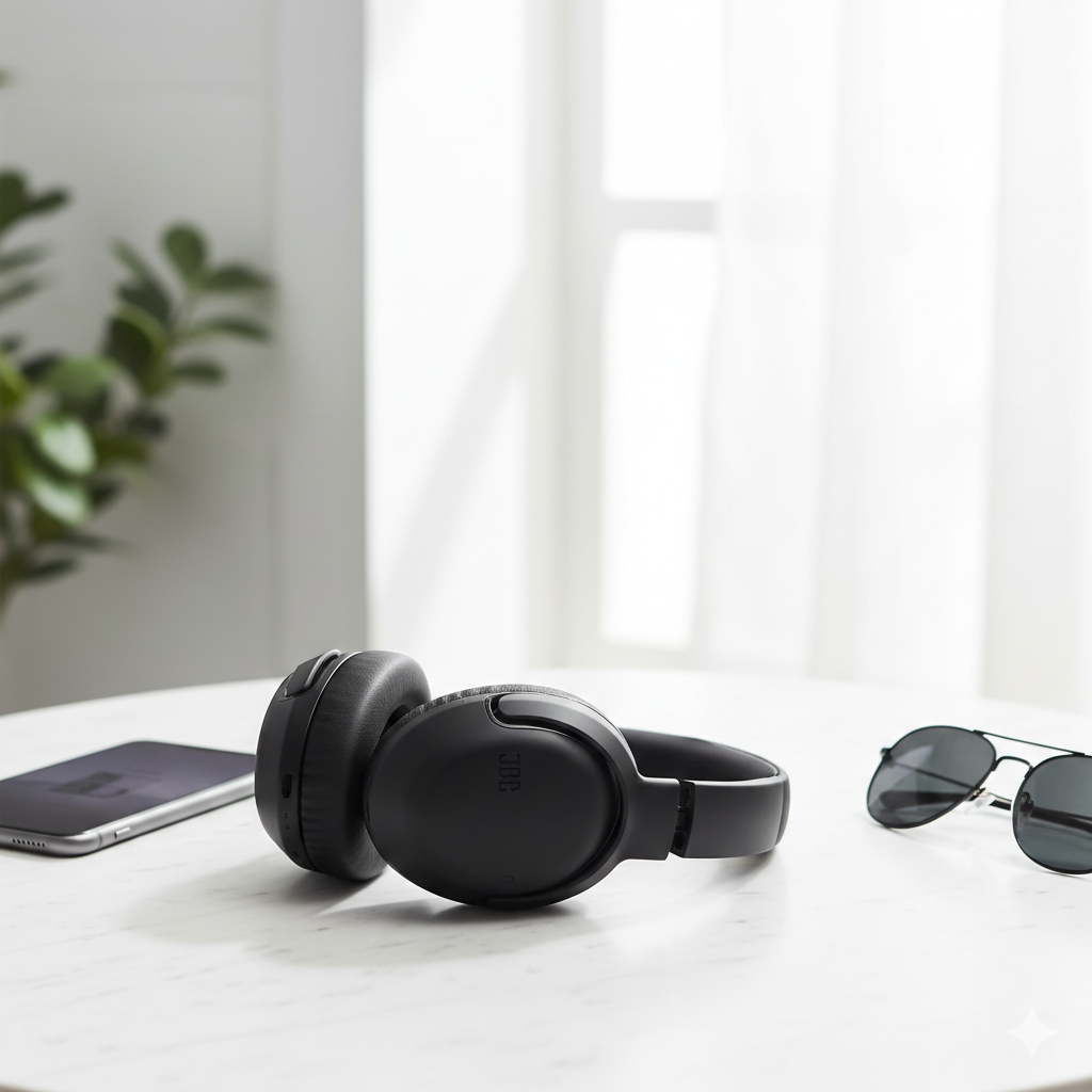 JBL Tour One M2 wireless noise-canceling headphones with over-ear design and cushioned ear cups, black color.