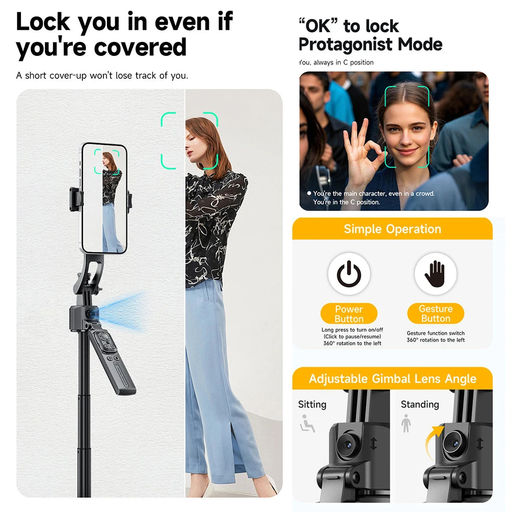 Gadgetix CYKE AI Face Tracking Selfie Stick with smartphone holder, black electronic accessory for automatic face-following selfies.