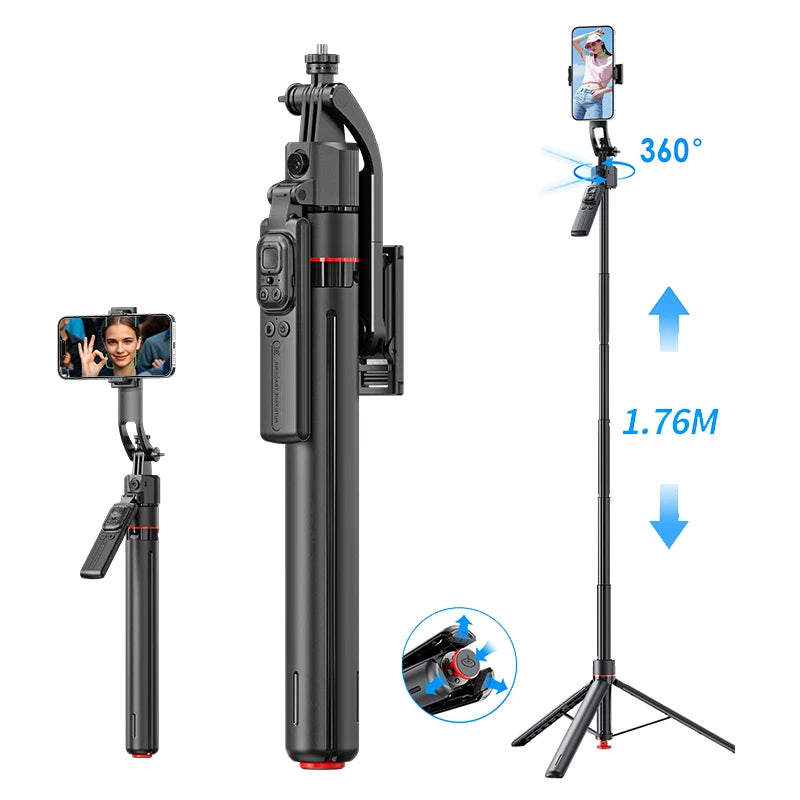 Gadgetix CYKE AI Face Tracking Selfie Stick with adjustable handle and built-in camera for stable selfies and video recording.