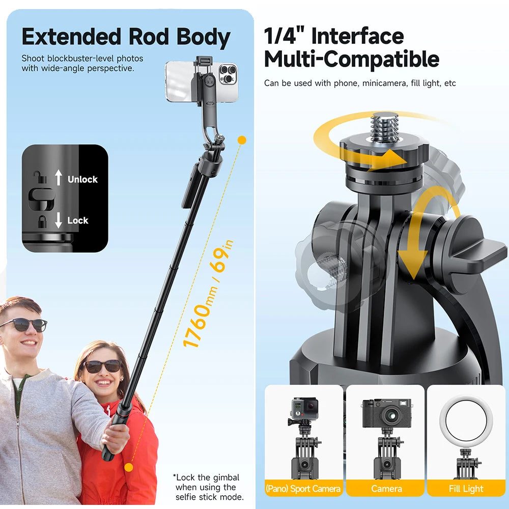 Gadgetix CYKE AI Face Tracking Selfie Stick with adjustable arm and built-in camera for stable selfies and videos.