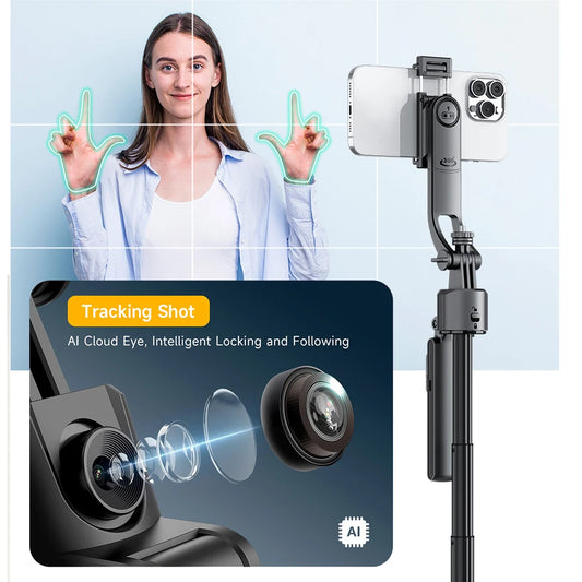 Gadgetix CYKE AI face tracking selfie stick with smartphone, adjustable handle, and built-in camera for hands-free selfies.