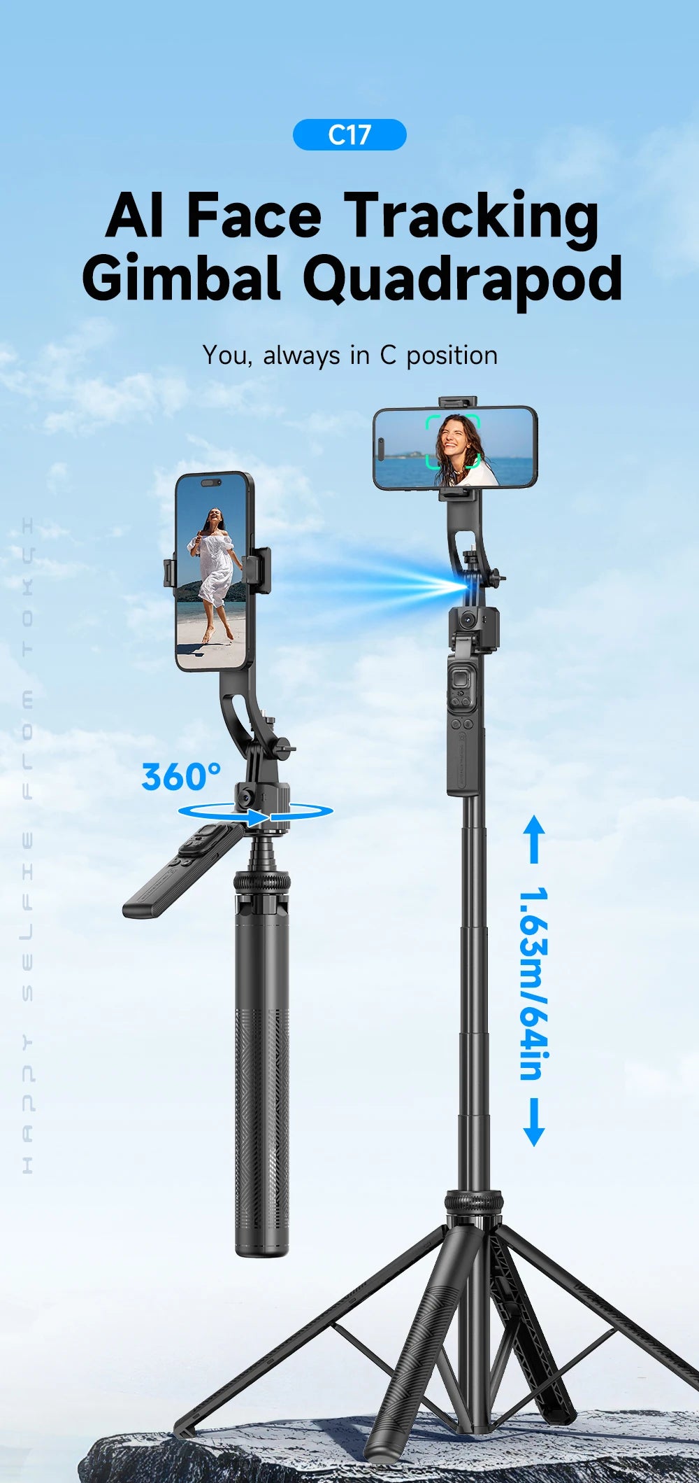 Wireless selfie stick tripod by Gadgetix, featuring extendable design, smartphone holder, and compact portable setup for photos.