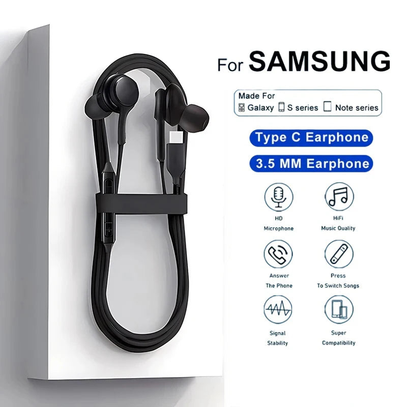 Gadgetix USB-C wired earbuds for Samsung Galaxy, 3.5mm headphones with in-ear design and black finish.