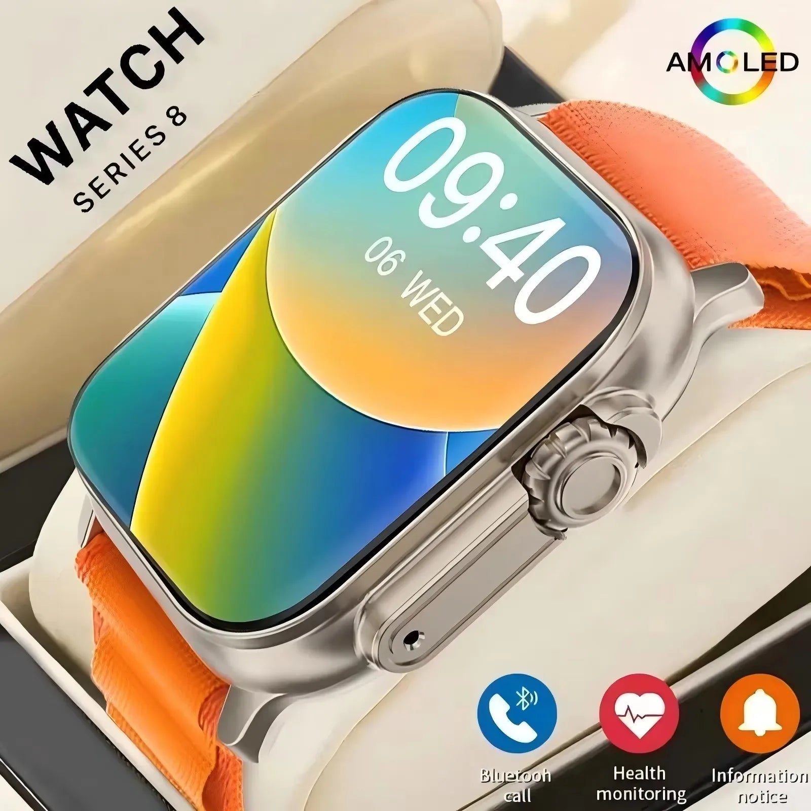 Gadgetix ProWatch X49 49mm smartwatch with Bluetooth call and NFC, showing a digital display with fitness and notification icons.
