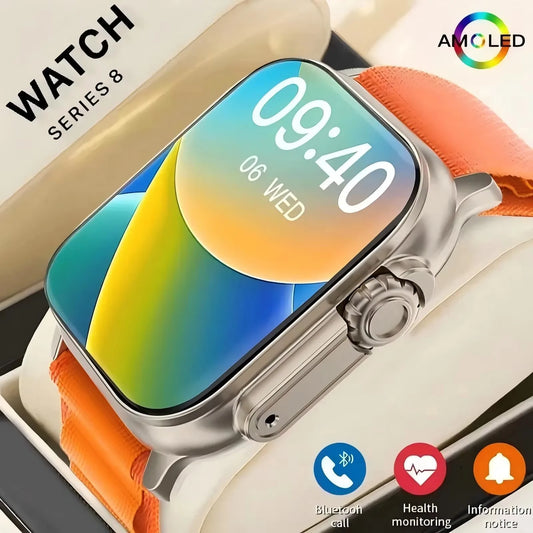 Gadgetix ProWatch X49 49mm smartwatch with Bluetooth call and NFC, showing a digital display with fitness and notification icons.