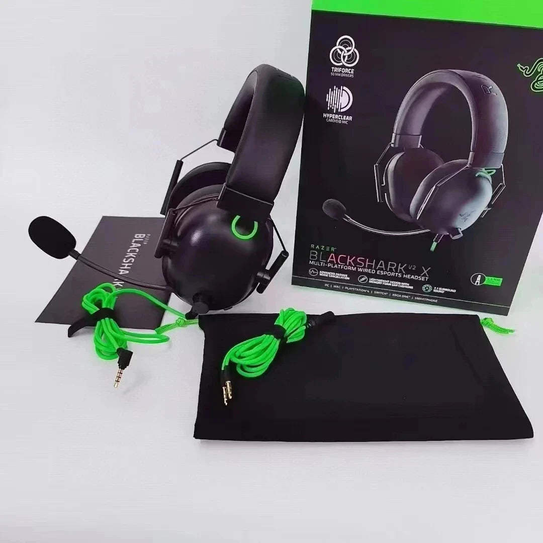 Razer BlackShark V2 X wired gaming headphones with padded ear cups and adjustable headband, designed for immersive gaming sound.