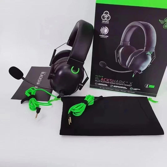 Razer BlackShark V2 X wired gaming headphones with padded ear cups and adjustable headband, designed for immersive gaming sound.
