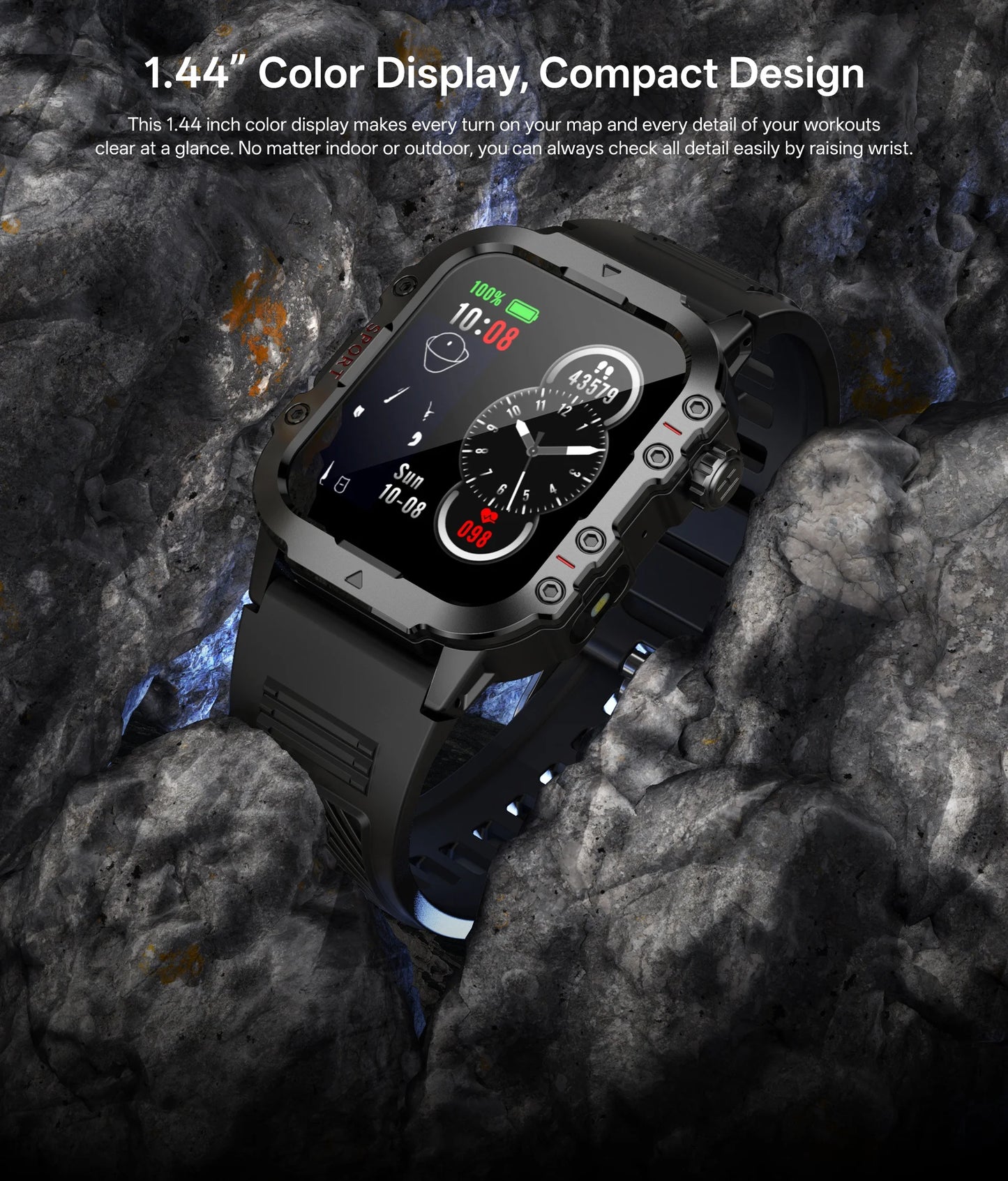 Gadgetix TactWatch Pro military-grade fitness smartwatch with digital display and durable design, water-resistant up to IP67.