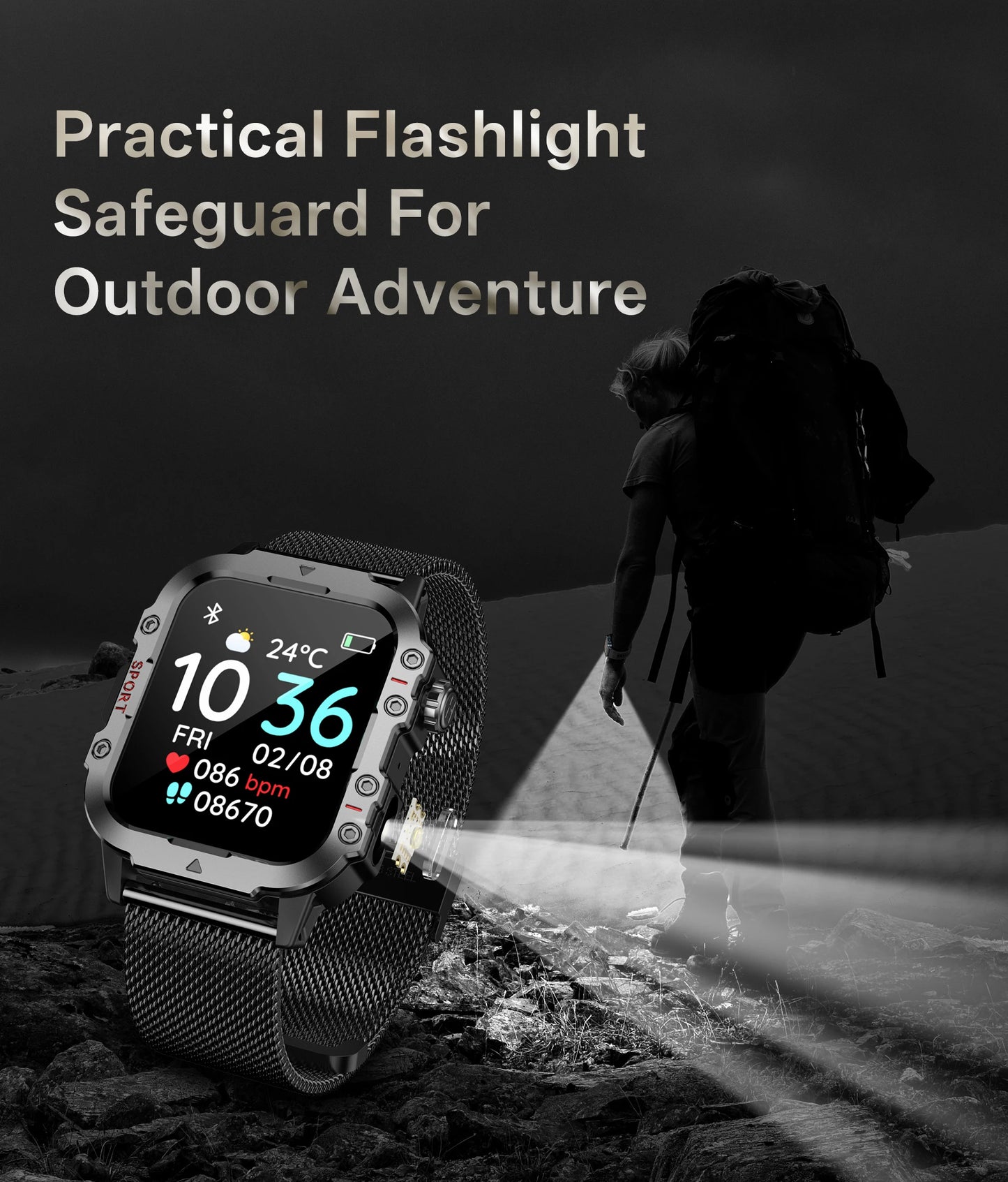 Gadgetix TactWatch Pro military-grade fitness smartwatch with IP67 water resistance, digital display, and durable design.