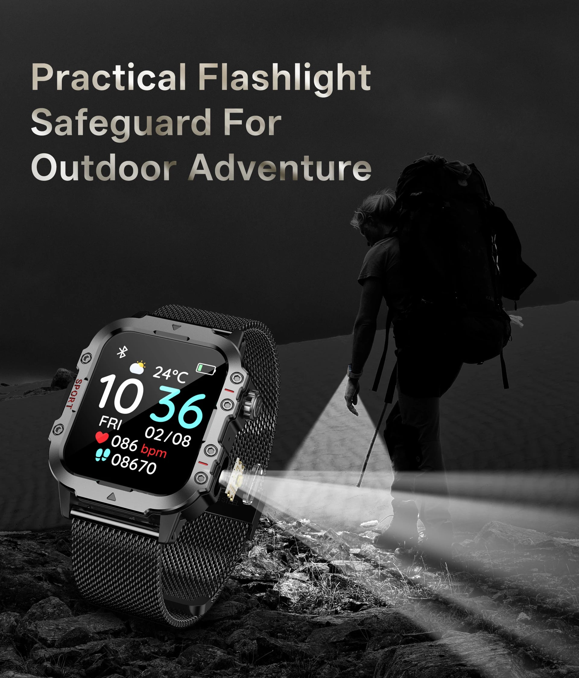 Gadgetix TactWatch Pro military-grade fitness smartwatch with IP67 water resistance, digital display, and durable design.