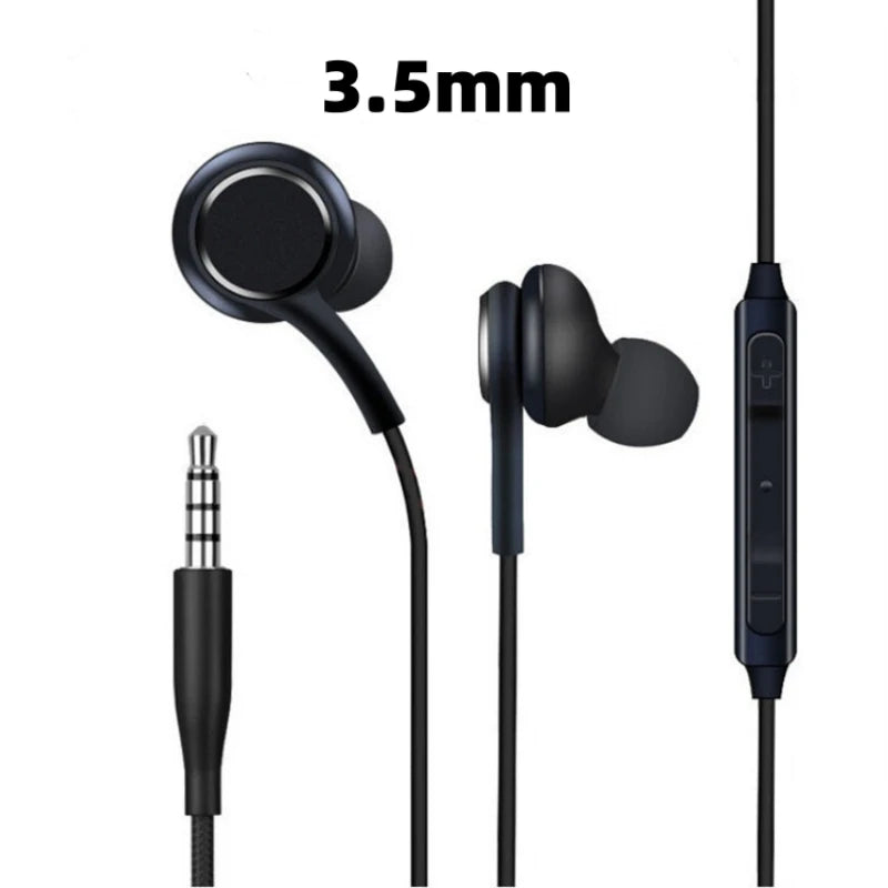 Gadgetix USB-C wired earbuds with 3.5mm headphones for Samsung Galaxy smartphones, showing sleek black earbud design.