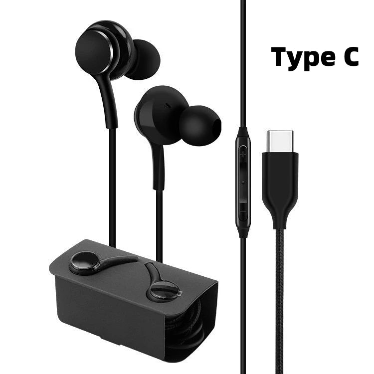 Gadgetix USB-C wired earbuds with 3.5mm headphone jack for Samsung Galaxy smartphones, featuring in-ear design and inline microphone.