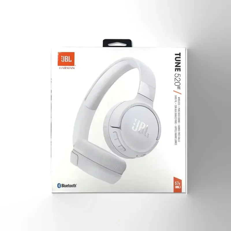JBL TUNE 520BT wireless Bluetooth headphones with over-ear design and built-in microphone on a white background.