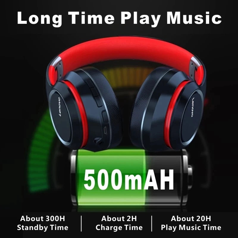 Lenovo HD200 Bluetooth wireless over-ear headphones with noise cancellation and padded ear cups for comfort.