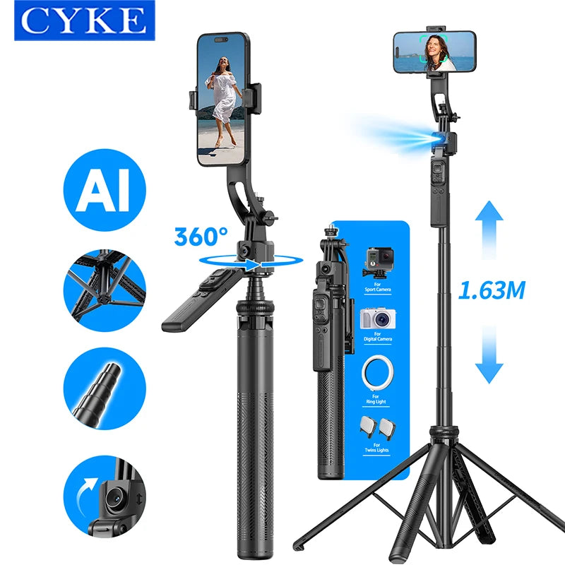 Gadgetix CYKE Wireless Selfie Stick Tripod showing extendable tripod with smartphone mount and wireless remote control.