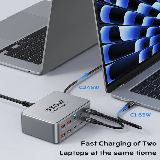 Gadgetix 330W GaN USB-C charger with multiple ports for fast charging devices, compact and modern design.