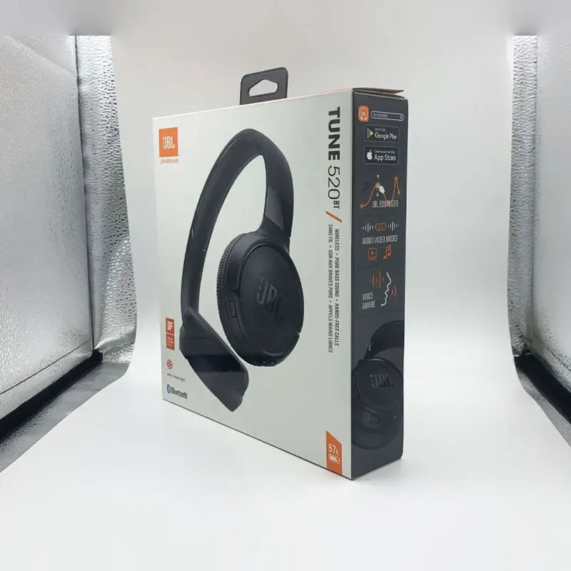 JBL TUNE 520BT wireless Bluetooth headphones with over-ear design and padded ear cups, black color