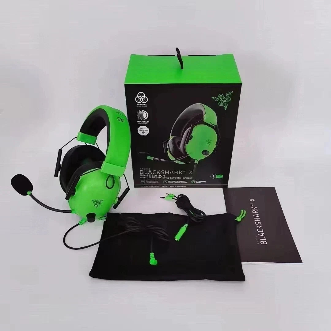 Razer BlackShark V2 X wired gaming headphones with ear cups, headband, and microphone for immersive gaming audio.