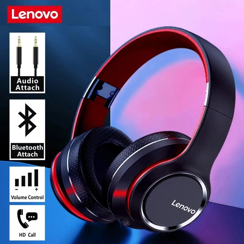 Lenovo HD200 Bluetooth wireless over-ear headphones with noise cancellation, black design, and padded ear cups.