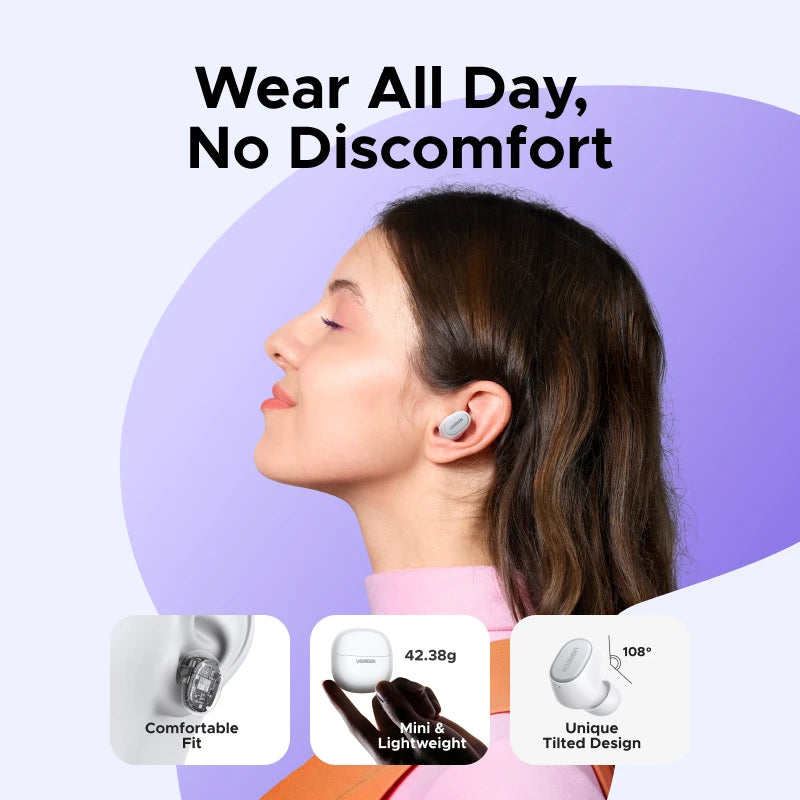 UGREEN Dots Wireless Earbuds with charging case, compact design, and 35-hour playtime, shown in black color.