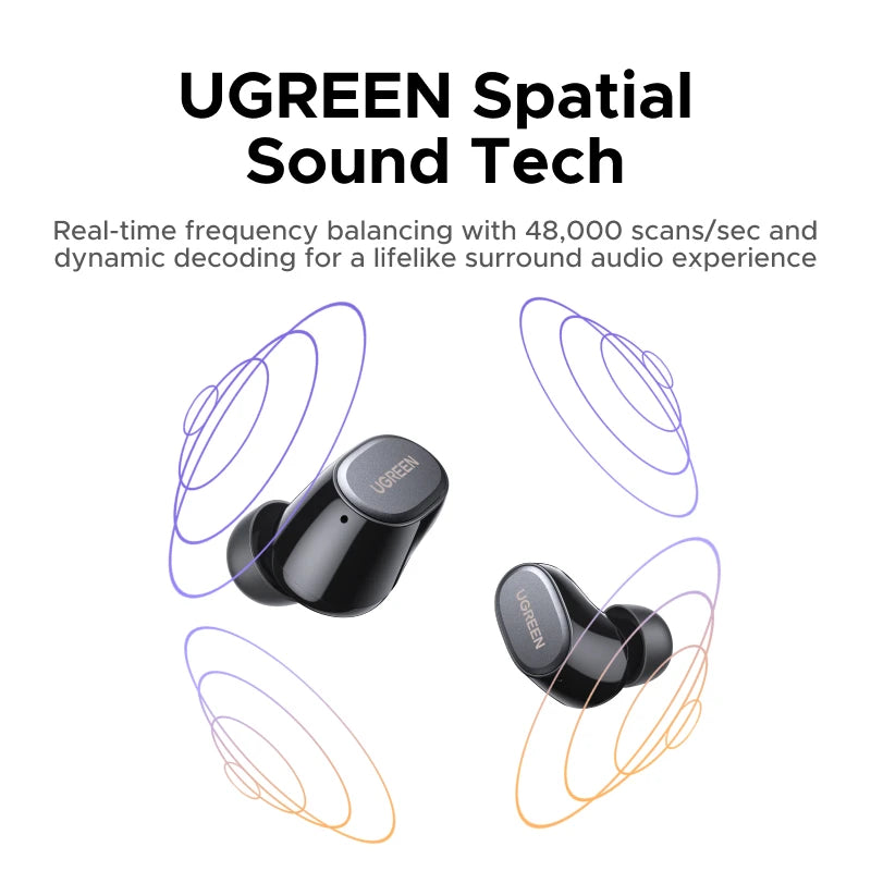 UGREEN Dots Wireless Earbuds with sleek design, charging case, and visible earbuds for 35-hour playtime.