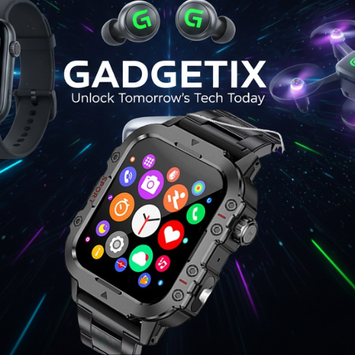 Gadgetix TactWatch Pro military-grade fitness smartwatch with IP67 water resistance, black band, digital display, and rugged design.
