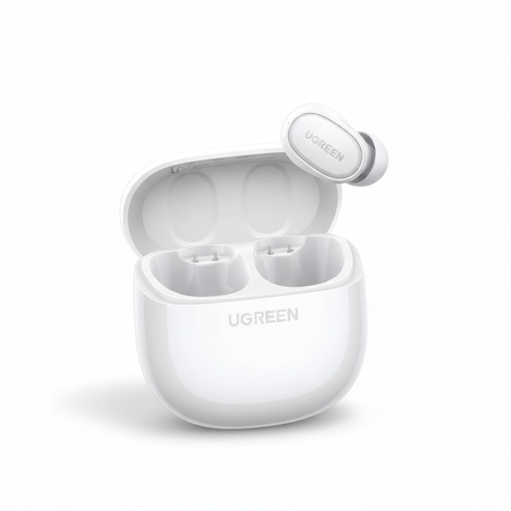 UGREEN Dots white earbuds white background