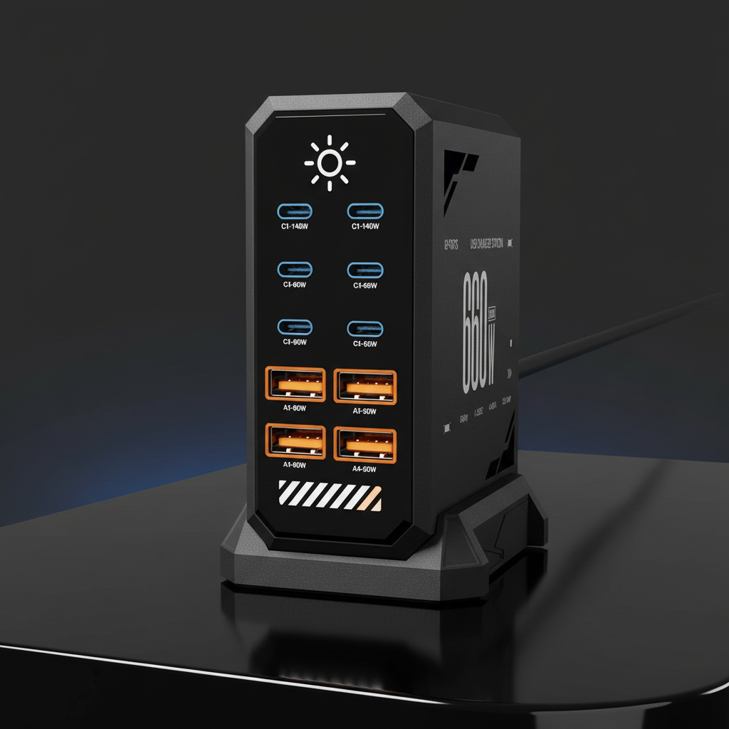 660W GaN charging station ports close-up dark background