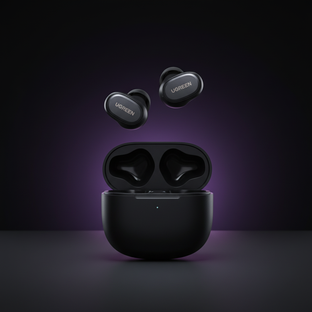 UGREEN Dots black earbuds dark background