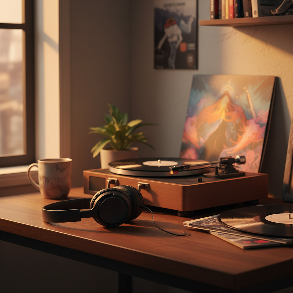 JBL TUNE 520BT lifestyle desk with vinyl