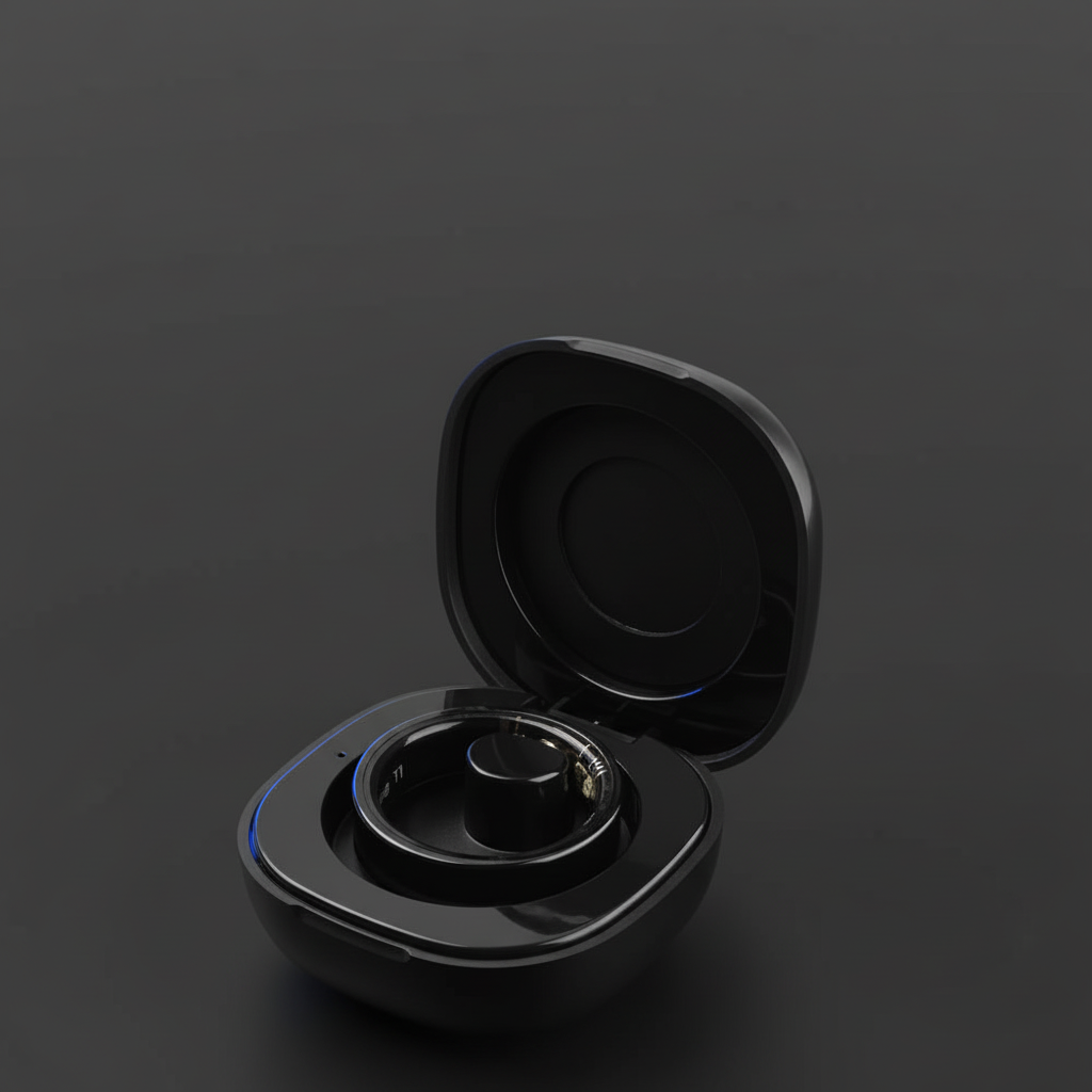 COLMI R09 smart ring in charging case dark background