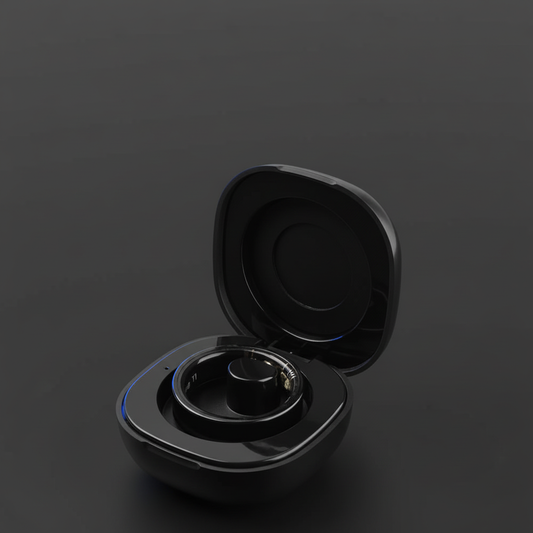 COLMI R09 smart ring in charging case dark background