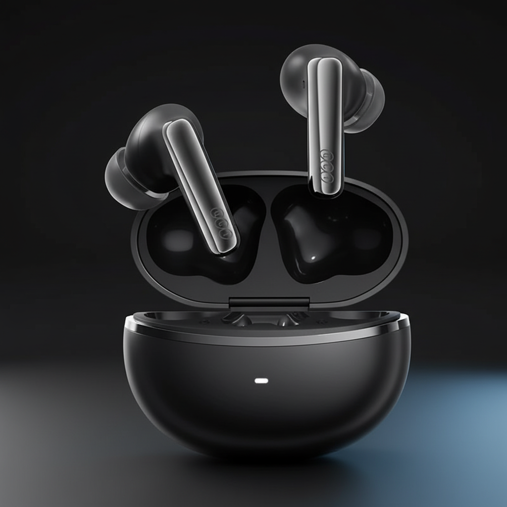 QCY MeloBuds N70 wireless earbuds with sleek dark design, showcasing in-ear style and Hi-Res LDAC audio technology.